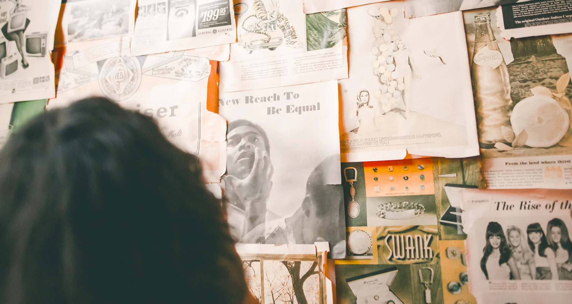 Claudia reviewing clippings on a wall.